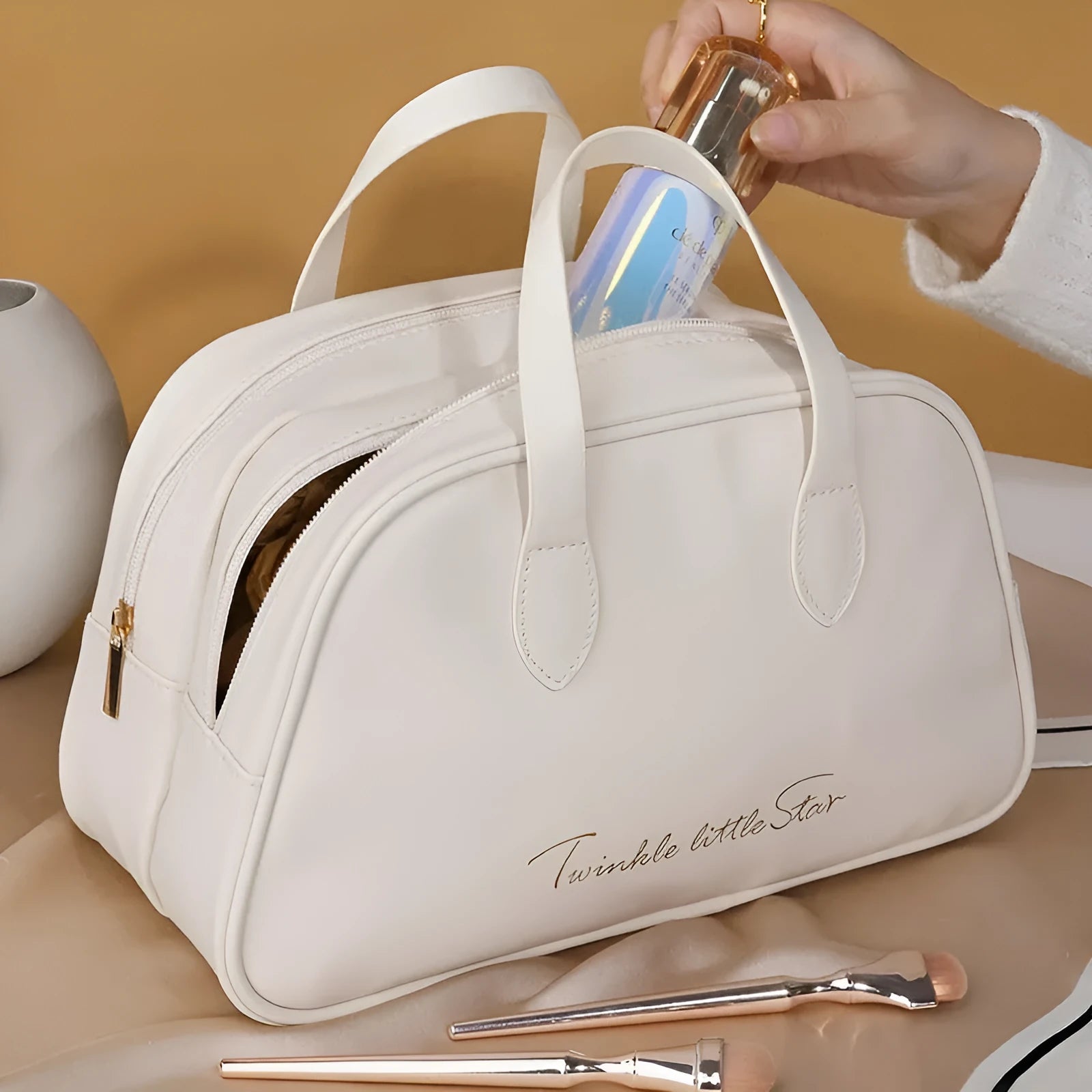 Large capacity PU leather travel toiletry bag with wet-dry separation compartments in caramel mocha colour