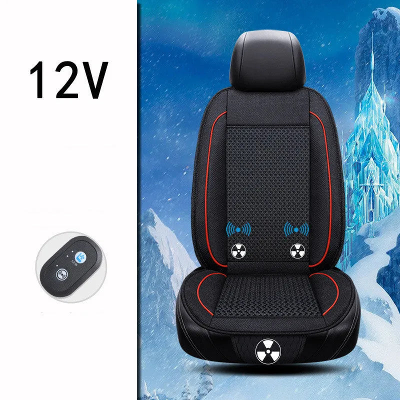 Black car ventilation seat cushion measuring 60cm square with power cord for 12V or 24V connection