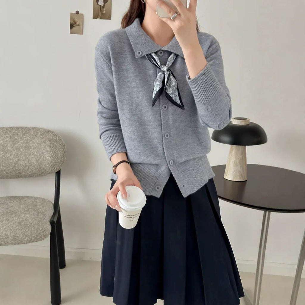 Beige lapel scarf sweater cardigan with contrasting scarf collar and long sleeves