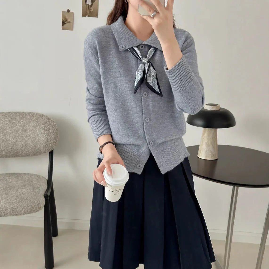 Beige lapel scarf sweater cardigan with contrasting scarf collar and long sleeves