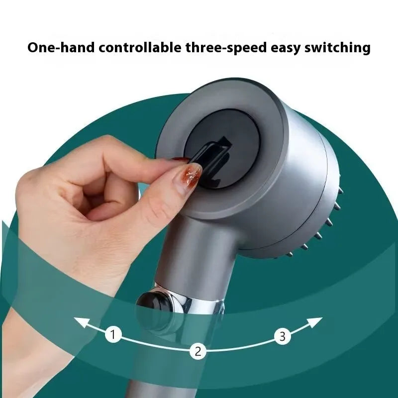 Portable shower head with third gear adjustment dial showing spray, massage, and rain shower functions