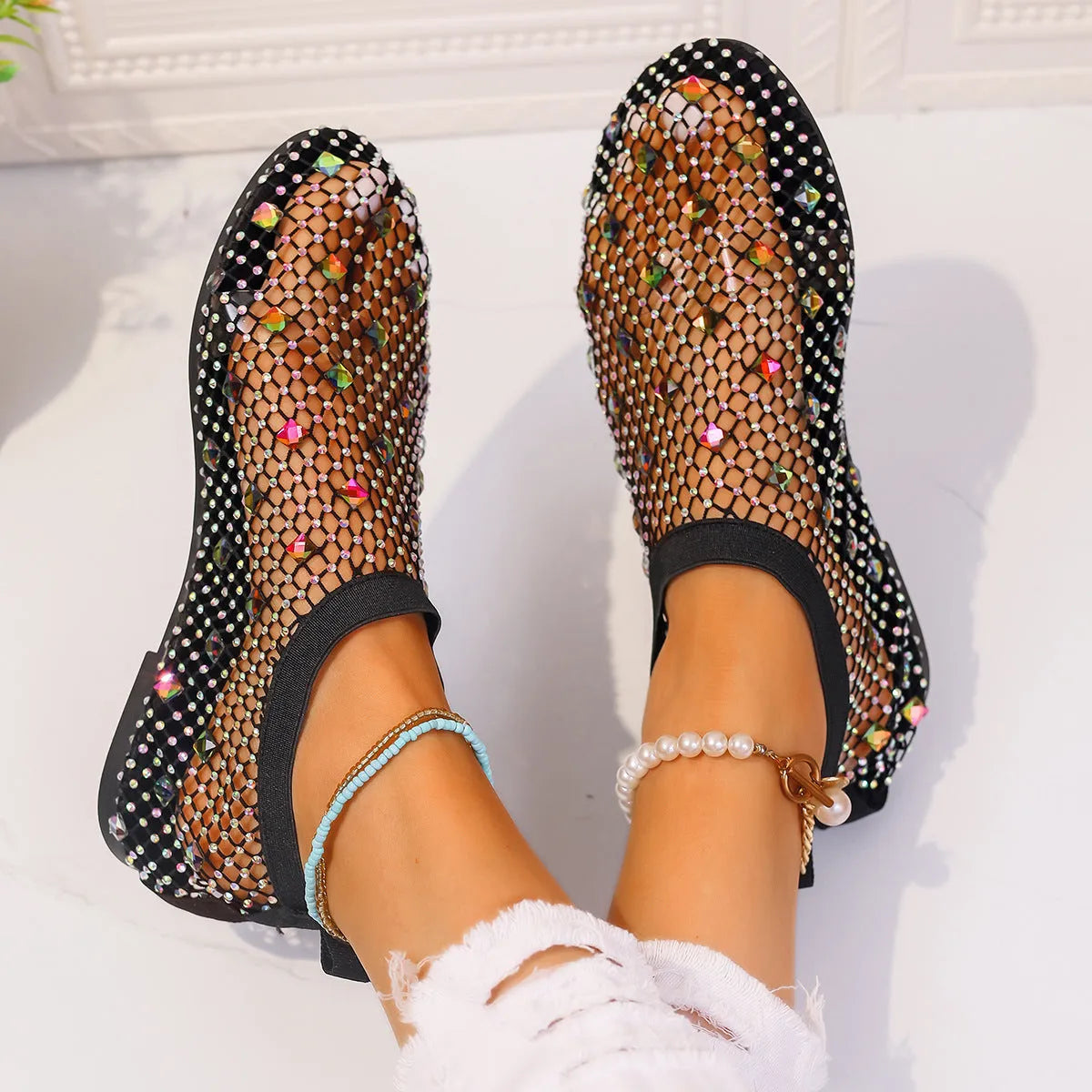 Women's colourful mesh flat sandals with rhinestone design and round toe profile