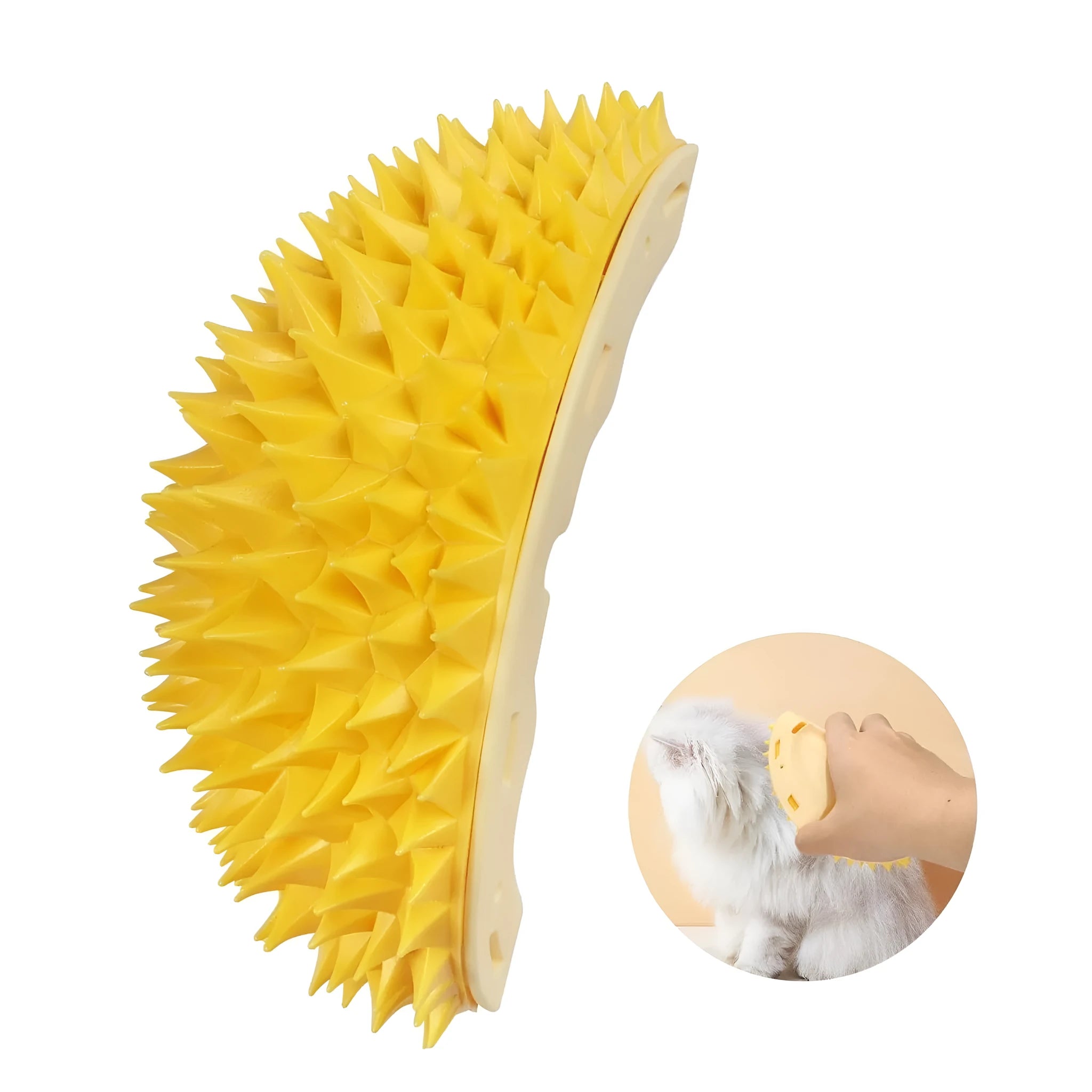 Yellow durian-shaped cat corner scratcher and grooming comb toy with peppermint powder.