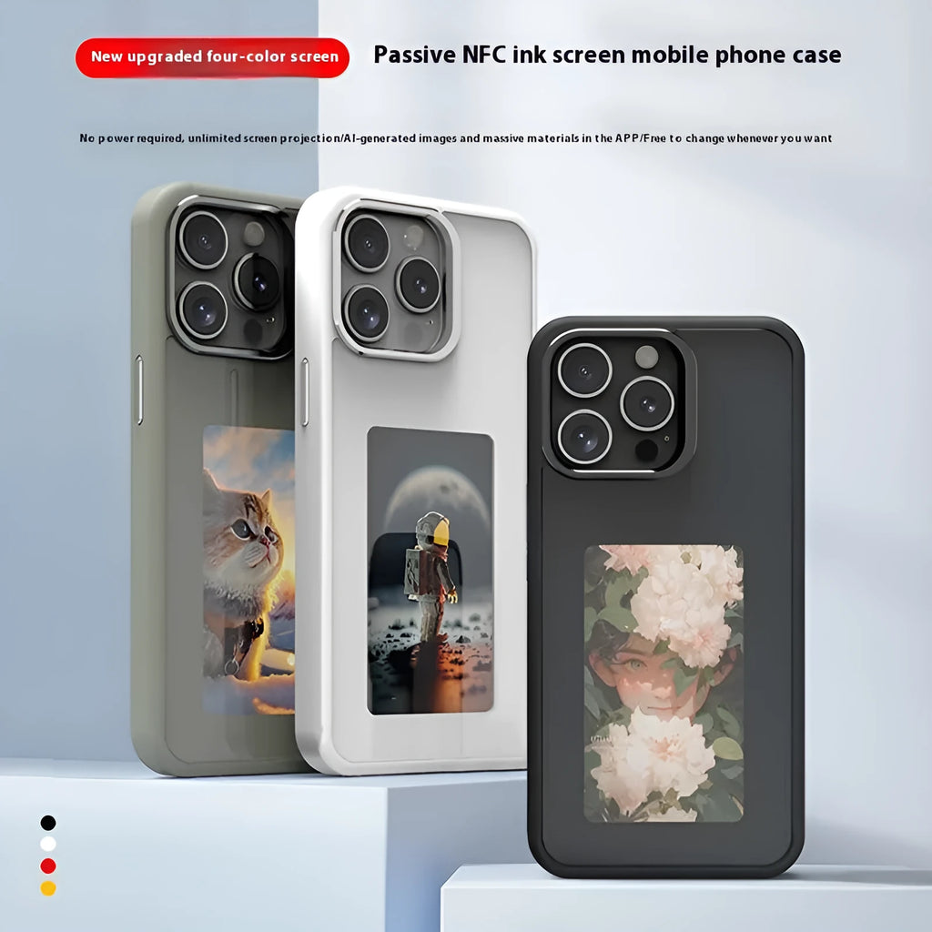 NFC projection screen bracket phone case for iPhone in graphite black, pink, and green colours.