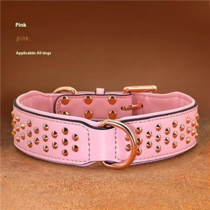 Leather dog collar with metal rivets and a stainless steel D-ring, shown in black, chocolate, and pink colour options.