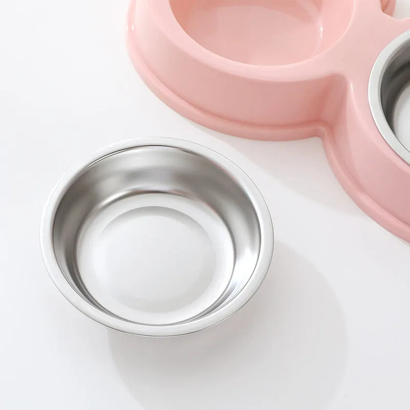 Stainless steel double compartment pet bowl set for cats and dogs in blue colour