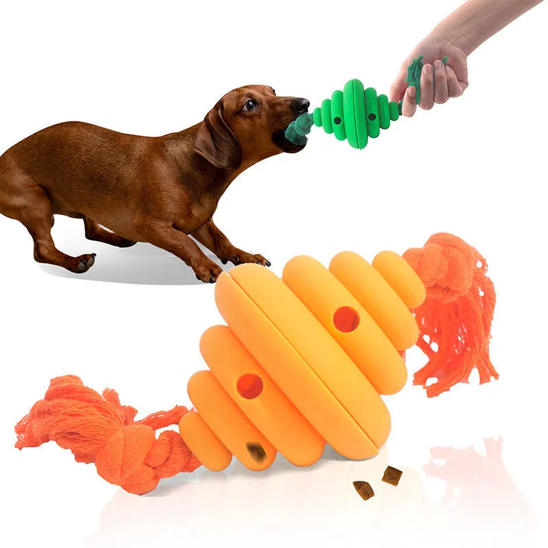 Green and yellow silicone dog ball with knotted rope, a treat-dispensing toy for large dogs.