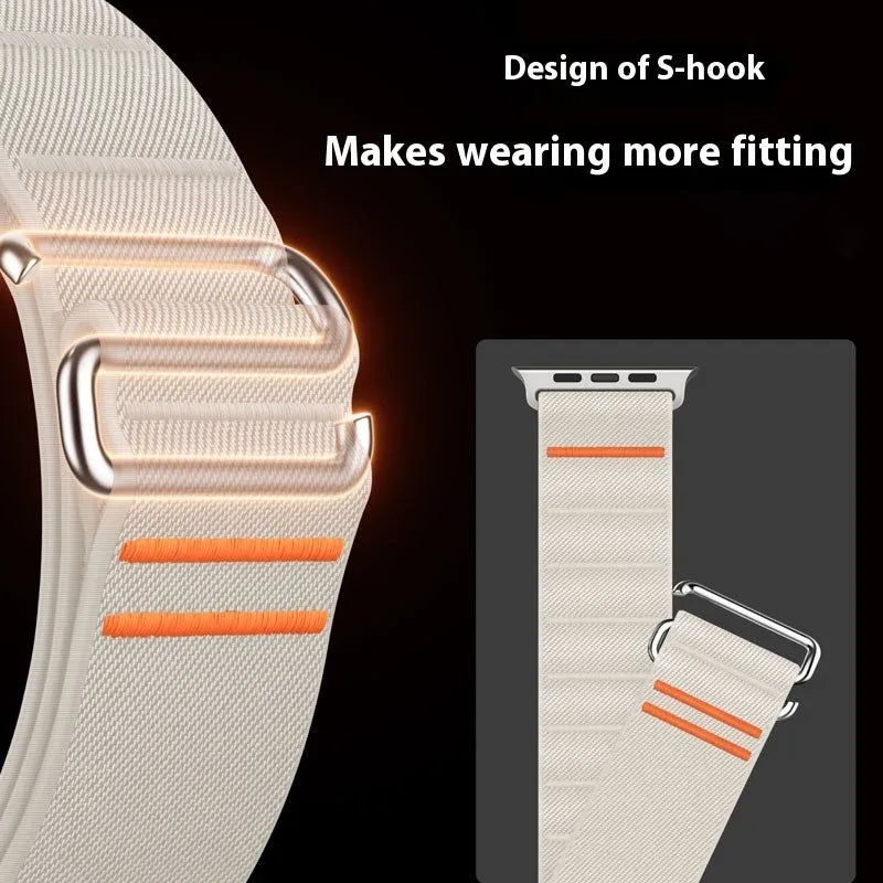 Elastic nylon Apple Watch band with stainless steel buckle in multiple colour options.