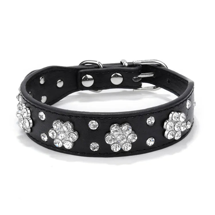 Cute PU leather dog collar with studded rhinestone flower pattern available in multiple colours for small and medium dogs