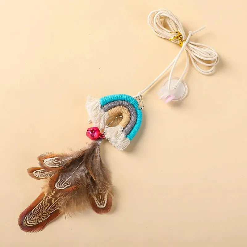 Feather cat rope toy with elastic door swing and sticky buckle clamp in blue colour