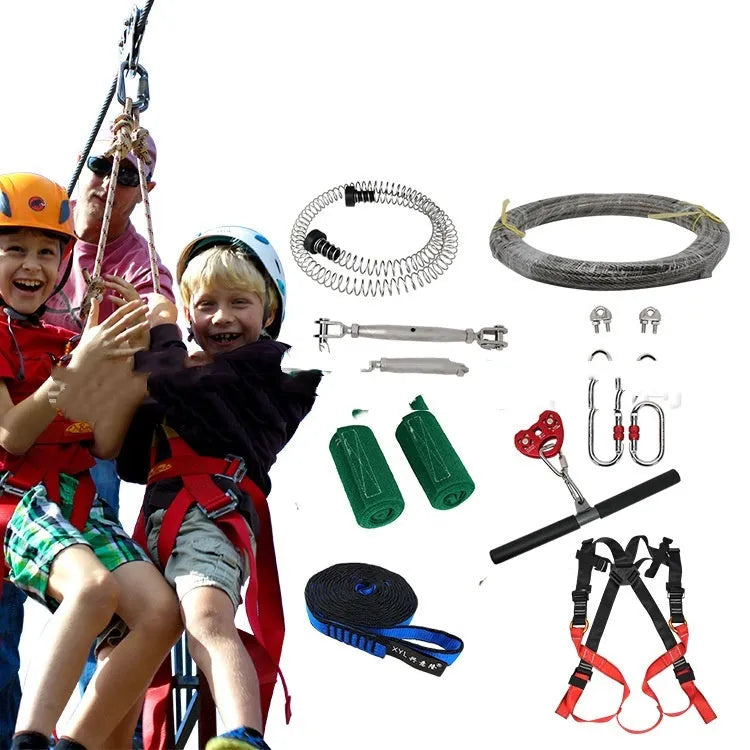 XYL Ziptreck children's pulley slide system with 10 metre steel cable, alloy steel components, safety harness, and multiple attachment points
