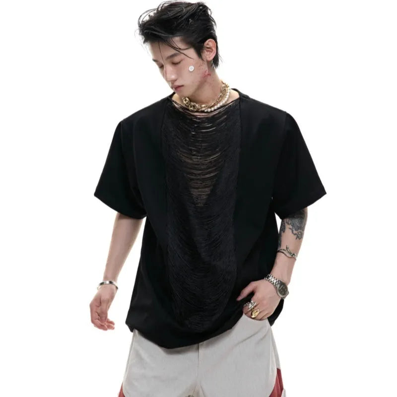 Men's drum black polyester t-shirt with hollow out V-neck and short sleeves