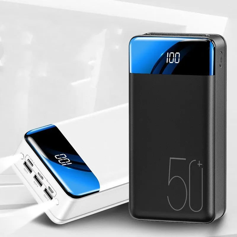 Black or white 50000 mAh power bank with three output ports measuring 169 x 83 x 52 mm