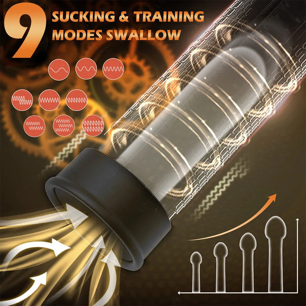 Male masturbator with electric pump for negative pressure stretching, made from ABS and TPE materials.