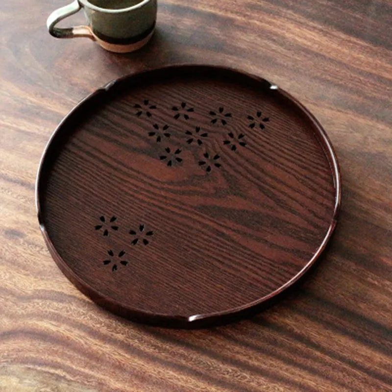 Wooden dessert plate with hollow sakura blossom pattern, 30cm diameter shallow dish