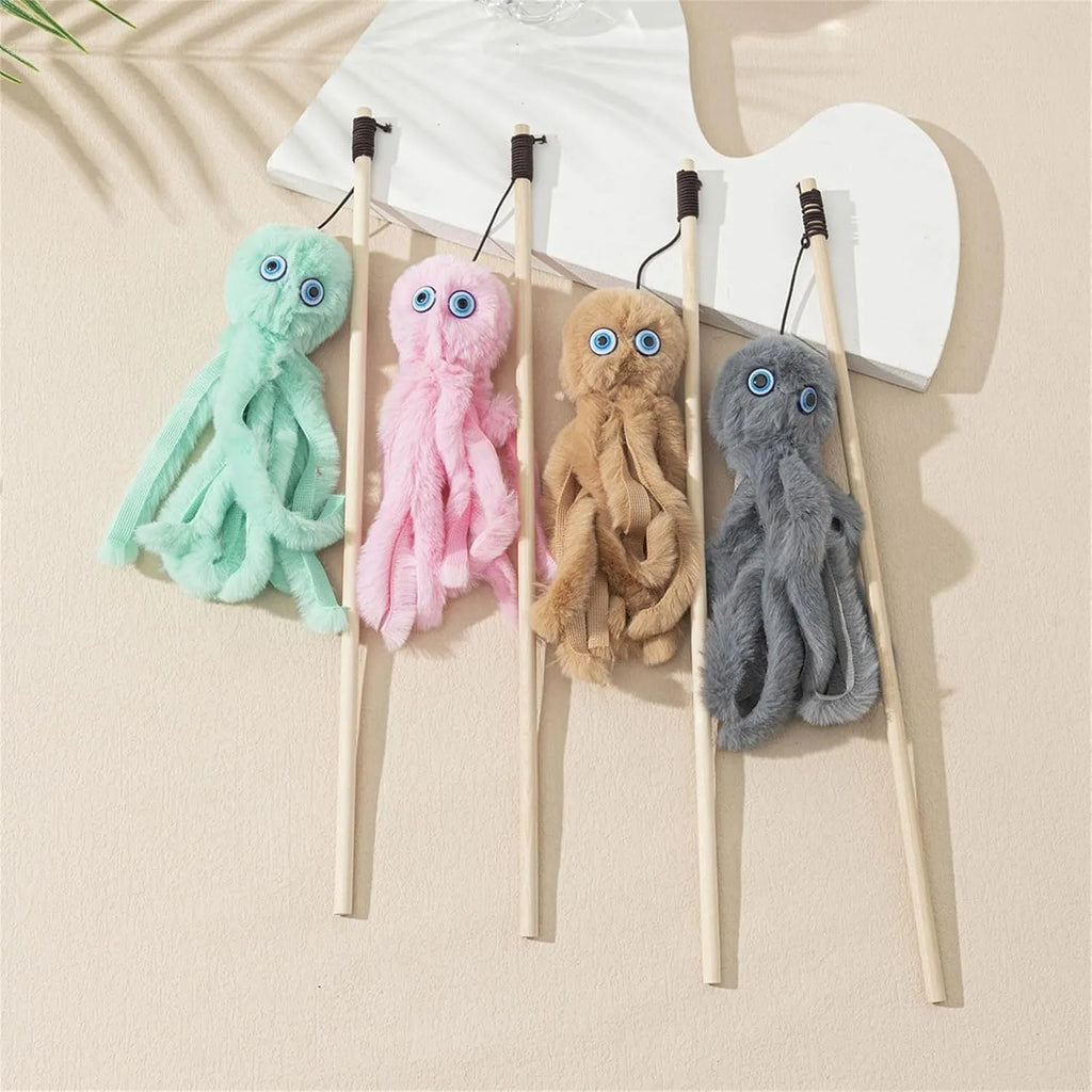 Furry octopus cat toy attached to long stick for interactive indoor play with kittens