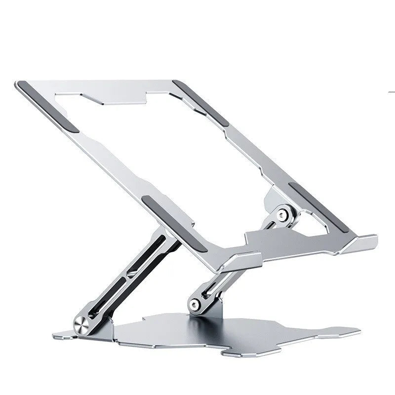 Grey aluminium adjustable laptop stand folded and unfolded on a wooden desk