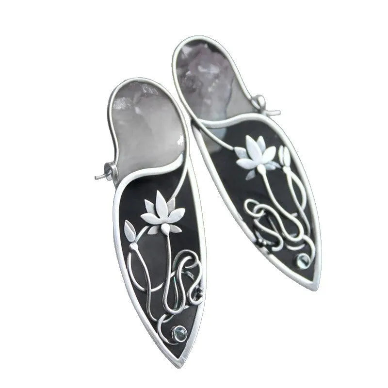 Silver-colour geometric lotus vine earrings with rhinestone centre
