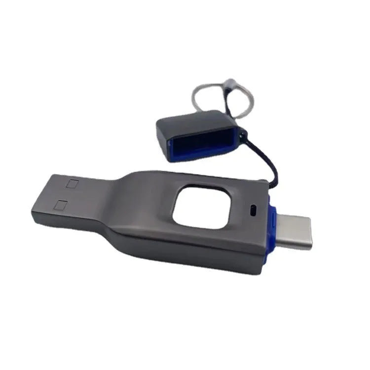 Black metal fingerprint encrypted USB flash drive with USB 3.0 and Type-C connectors.