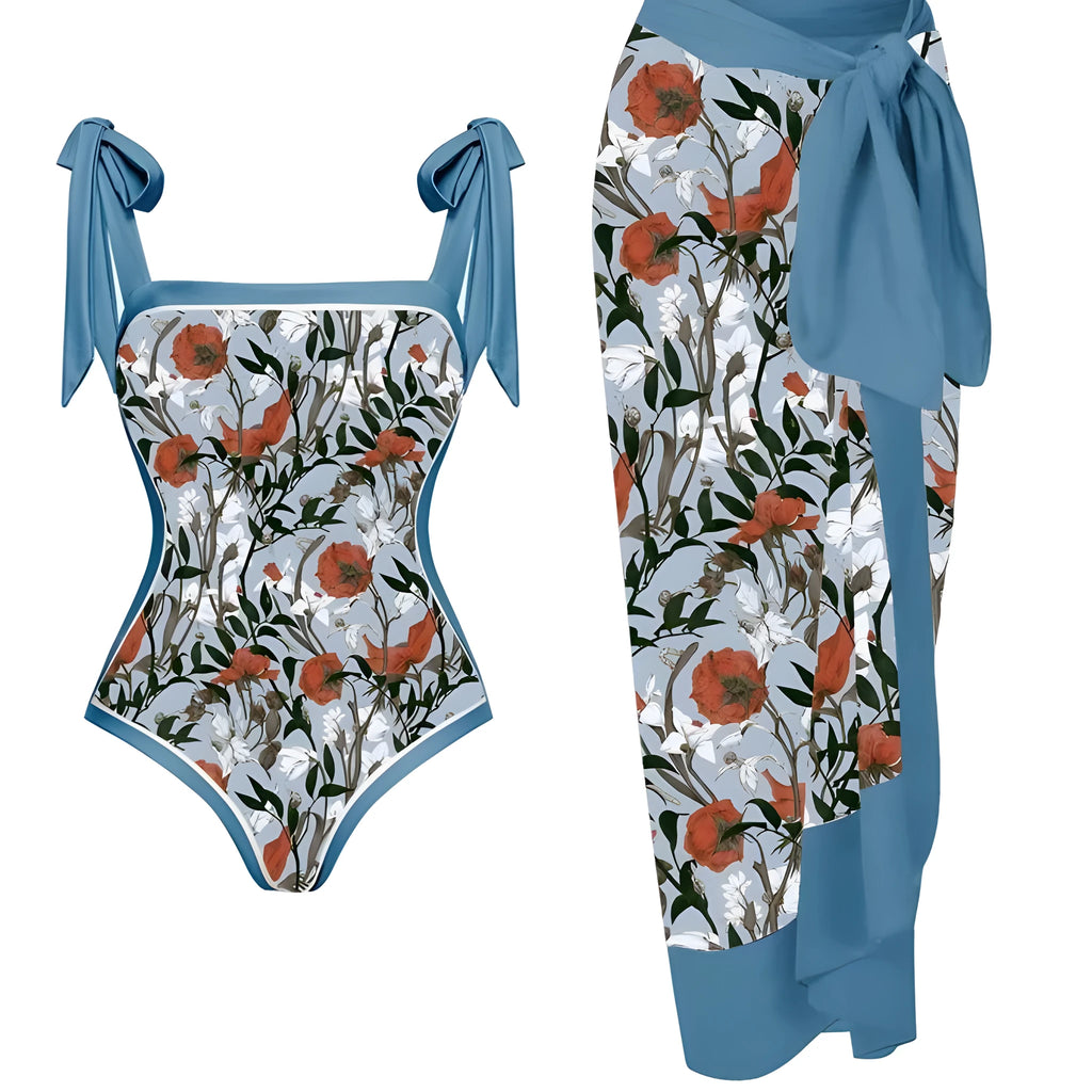 Women's printed two-piece chiffon swimsuit with matching hip skirt in polyester fabric