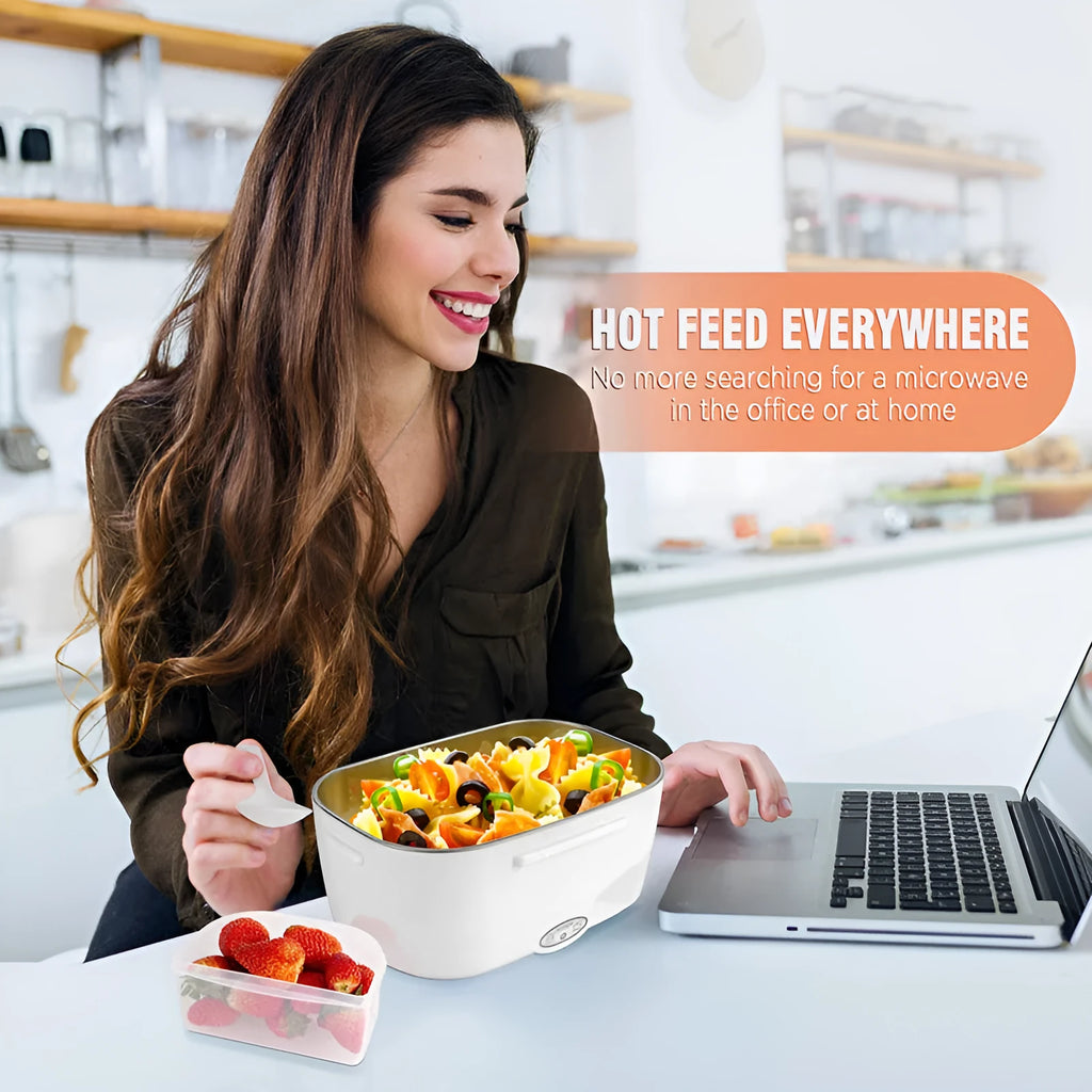 Grey electric lunch box with dual power for car and home use showing plastic body with stainless steel interior