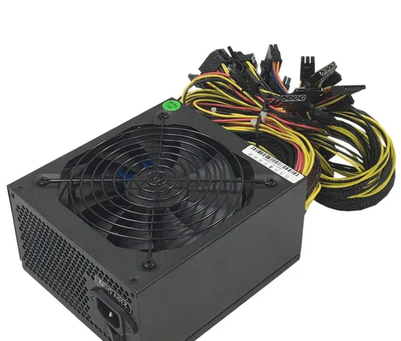 Black server power supply unit with multiple cable connectors including 12 GPU and 3 D-type ports.