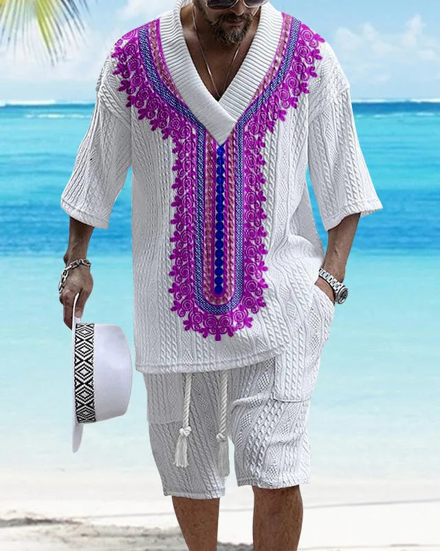 Men's printed drop-shoulder knitted short sleeve top and shorts suit set in chemical fibre blend
