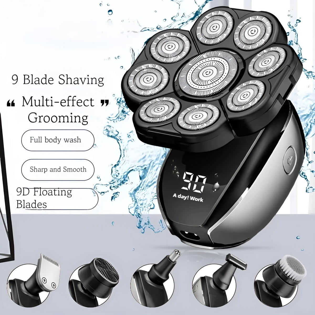 Black 6-in-1 rechargeable hair clippers shaver kit with multiple attachments on USB charging cable