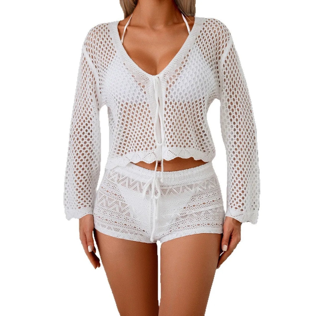 Women's apricot hollow woven cardigan blouse with short length and bell sleeves on a model