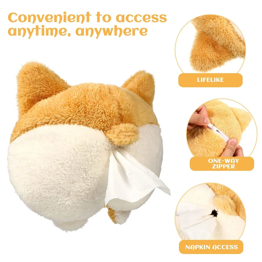 Yellow corgi butt-shaped soft pouch tissue box cover with elastic strap for car visor.