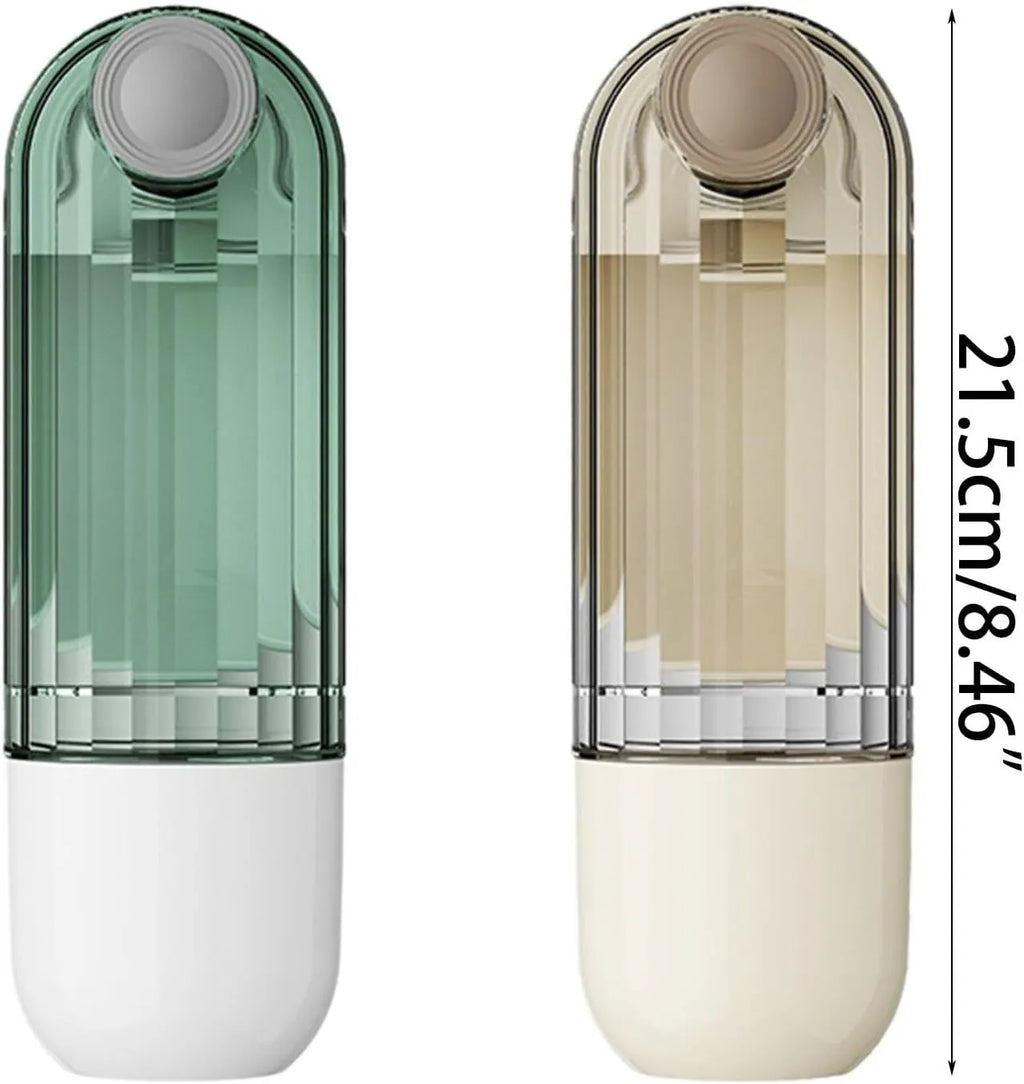 Beige or green folding portable dog water bottle with food dispenser, shown in open and closed positions.