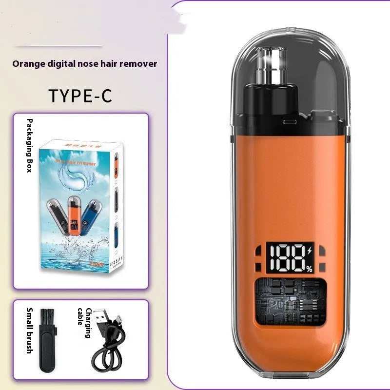 Rechargeable nose hair trimmer with digital display showing black, blue and orange colour options