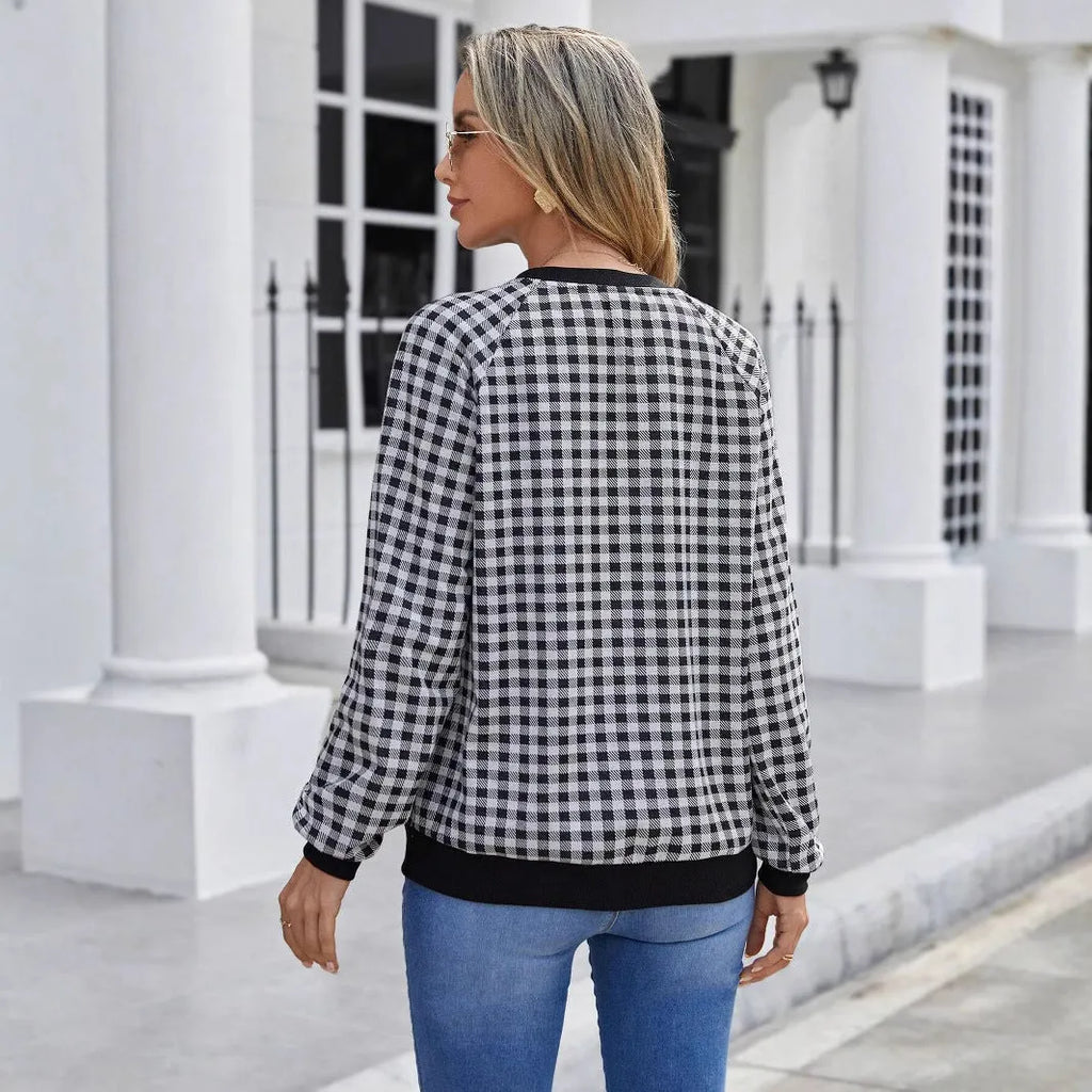 Black plaid pattern long sleeve pullover sweater with printing detail