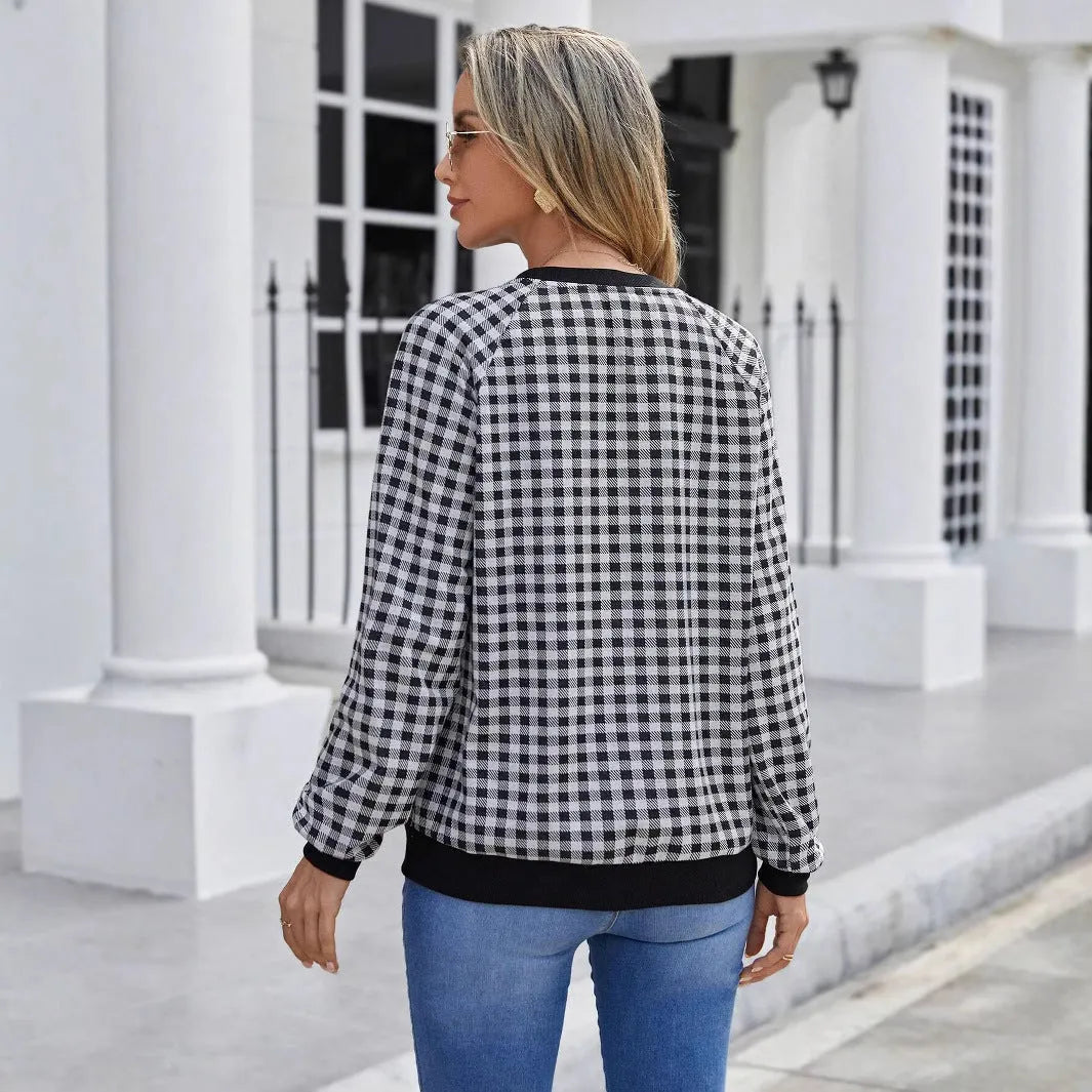 Black plaid pattern long sleeve pullover sweater with printing detail