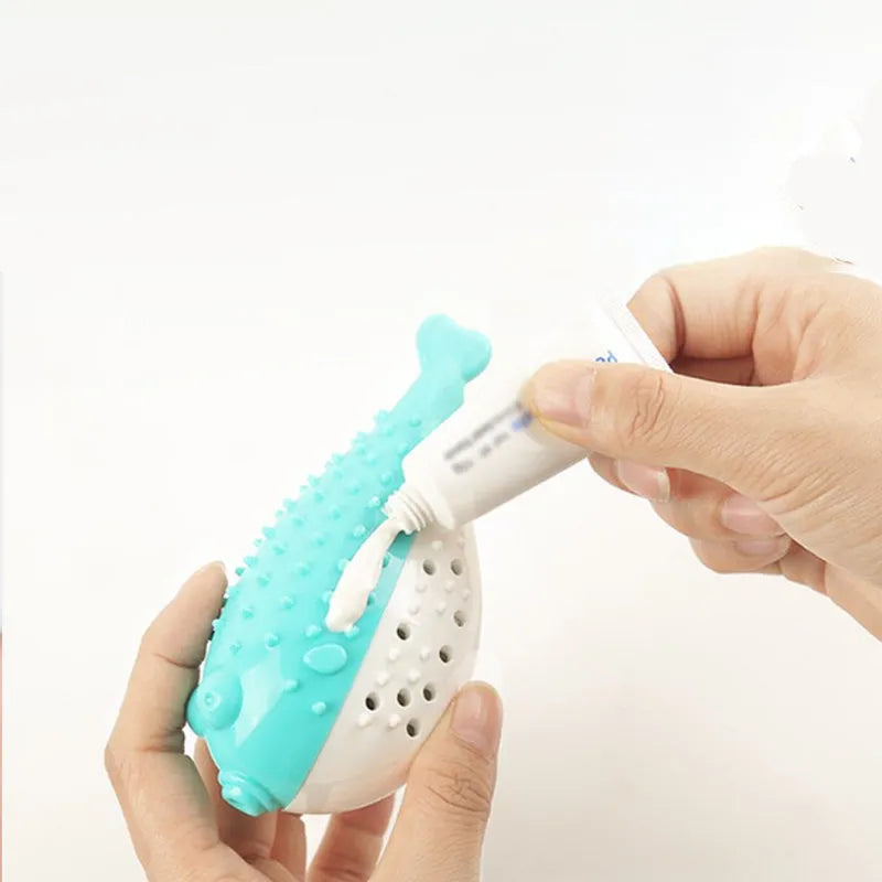 Blue silicone fish-shaped cat chew toy and teaser on a white background
