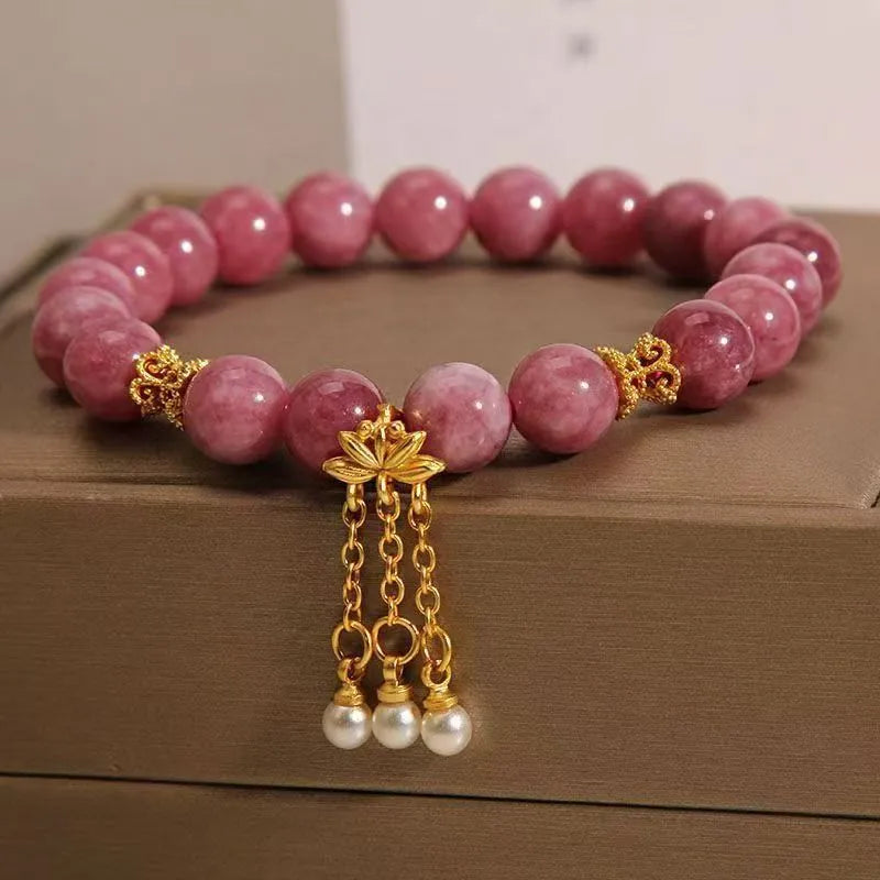 Pink lotus tassel natural stone bracelet with pearl pendant and electroplated finish