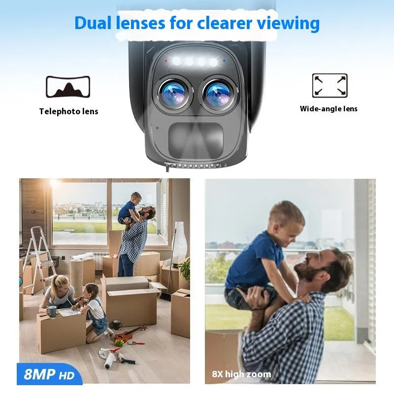 Solar-powered surveillance camera with 8x zoom lens for outdoor home security monitoring