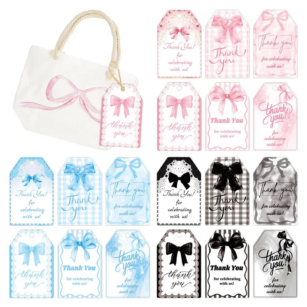 Sixty paper birthday gift tags with bowknot designs and natural hemp rope ties in three decorative styles.