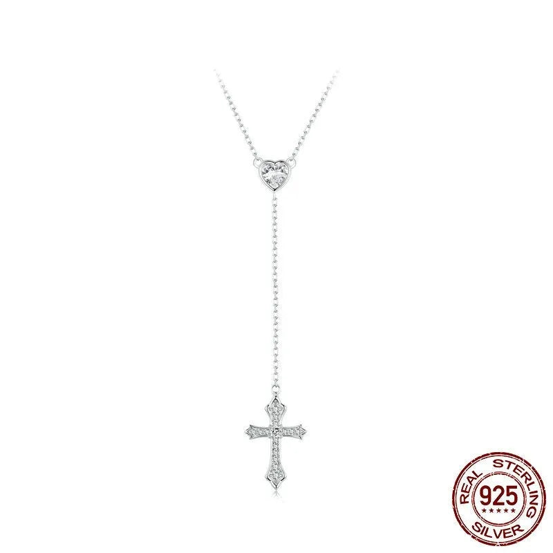 Silver necklace with V-neck cross pendant on O-ring chain in colour BSN384