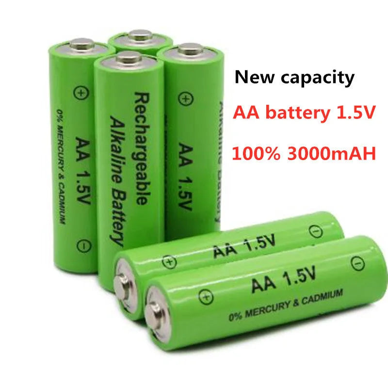 Alkaline rechargeable AA battery with 3000mAh capacity and 1.5V output, shown in green casing.