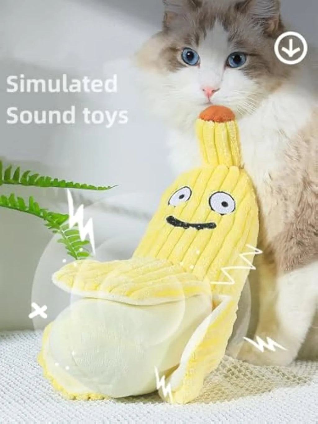 Yellow banana-shaped cat crinkle toy with plush fabric and velvet strip detailing