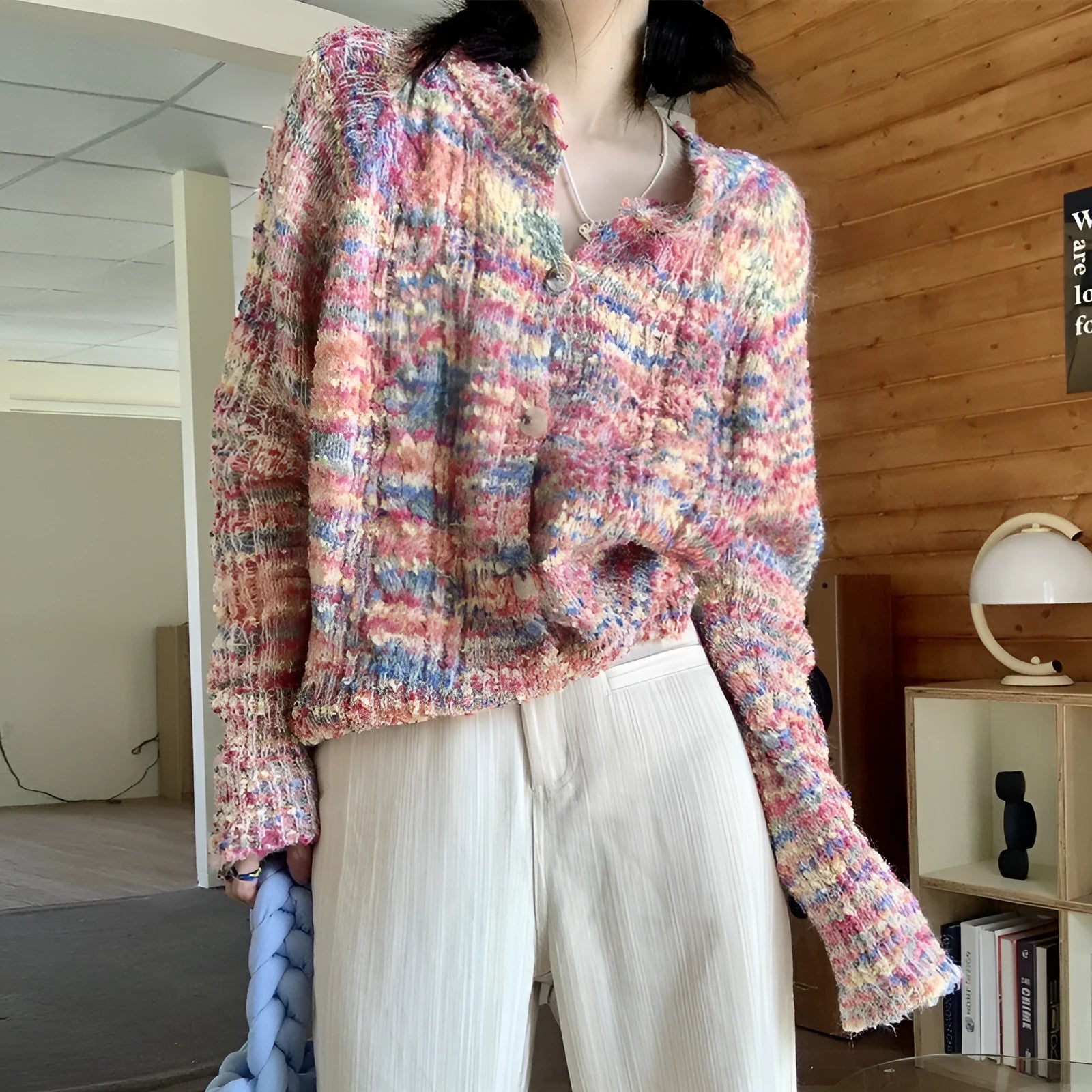 Pink or green retro rainbow pattern slim fit knitted cardigan sweater with regular sleeves