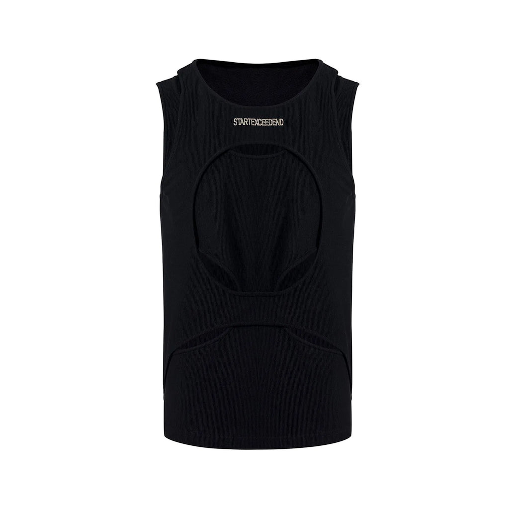 Men's black sleeveless vest with hollow white thread detailing showing loose fit and round neck design
