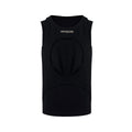 Men's black sleeveless vest with hollow white thread detailing showing loose fit and round neck design