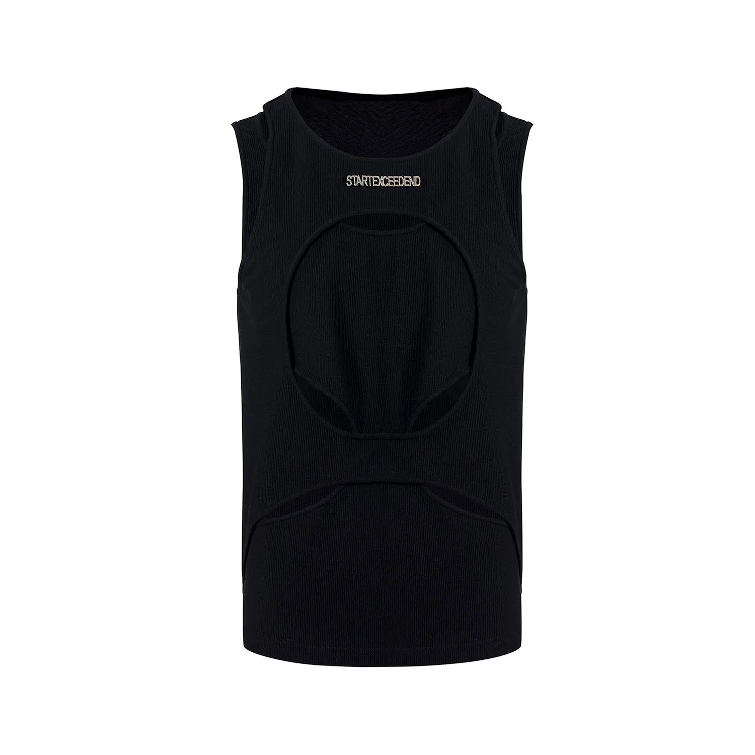Men's black sleeveless vest with hollow white thread detailing showing loose fit and round neck design