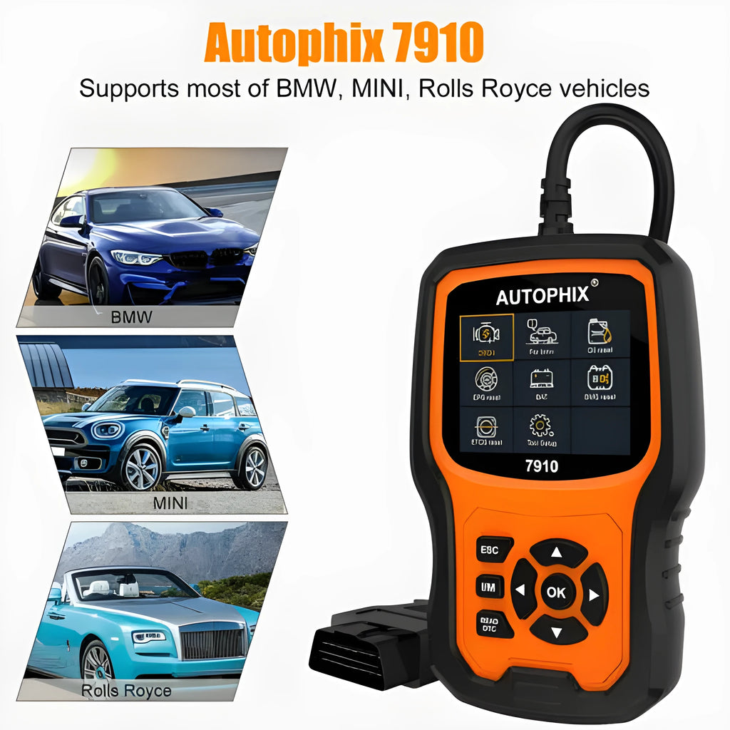 Autophix 7910 BMW diagnostic scanner OBD2 fault code reader with display showing vehicle system diagnostics