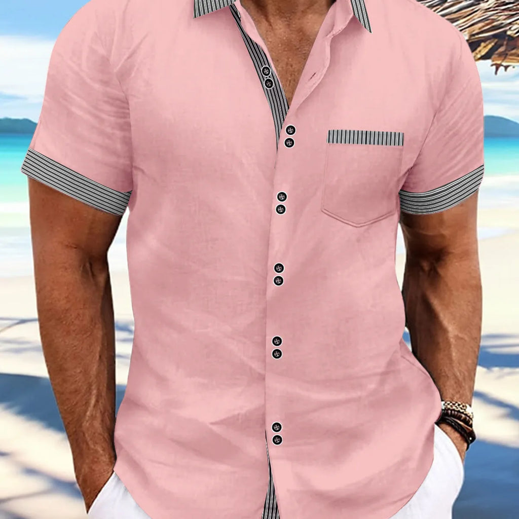 Slim fit striped casual shirt in pure cotton on a hanger, showing double-button detail.