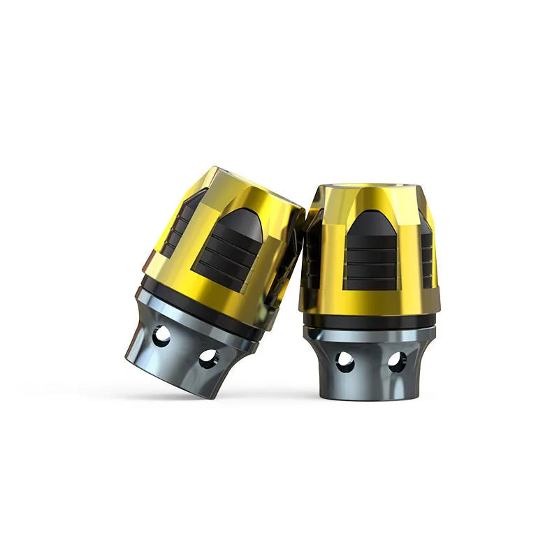 Pair of CNC-machined aluminium fork cups for motorcycle front axle in anodised red finish.