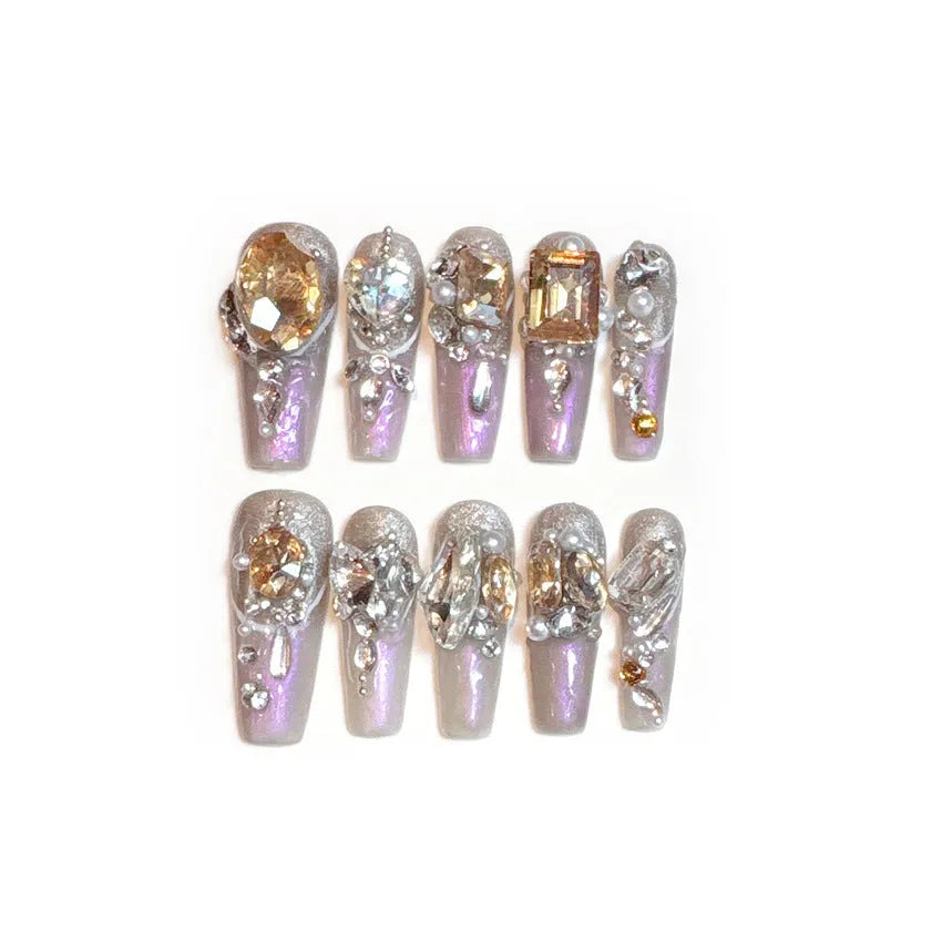 Luxury rhinestone false nail manicure set with phototherapy sealing layer in S size