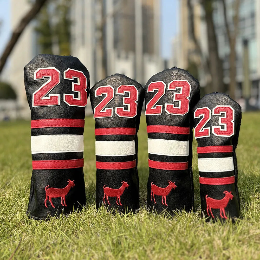 Set of four PU golf club headcovers for driver, fairway woods, hybrid, and putter in assorted colours.